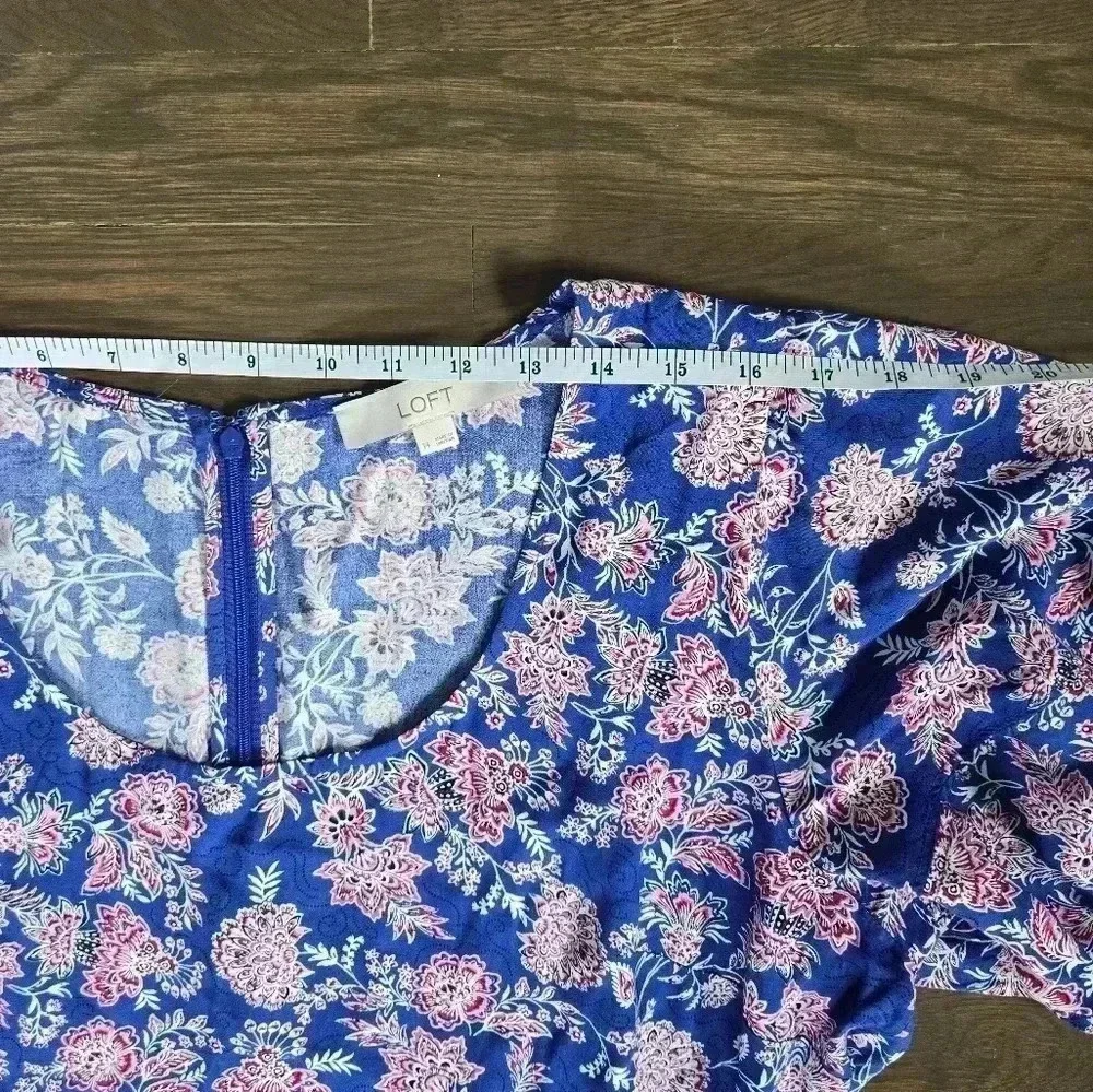 LOFT Floral Print Blue mini dress feminine puff short sleeve  sz 14 - Picture 8 of 10